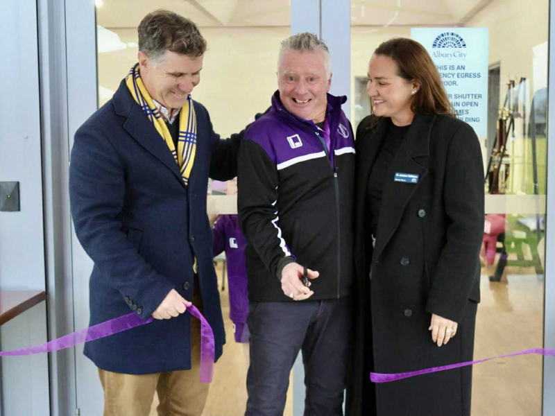 Justin Clancy with David Pye and Jessica Kellahan cutting ribbon at Melrose FC pavilion opening