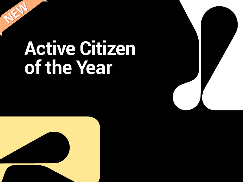 Active Citizen of the Year white and light orange logo on black background