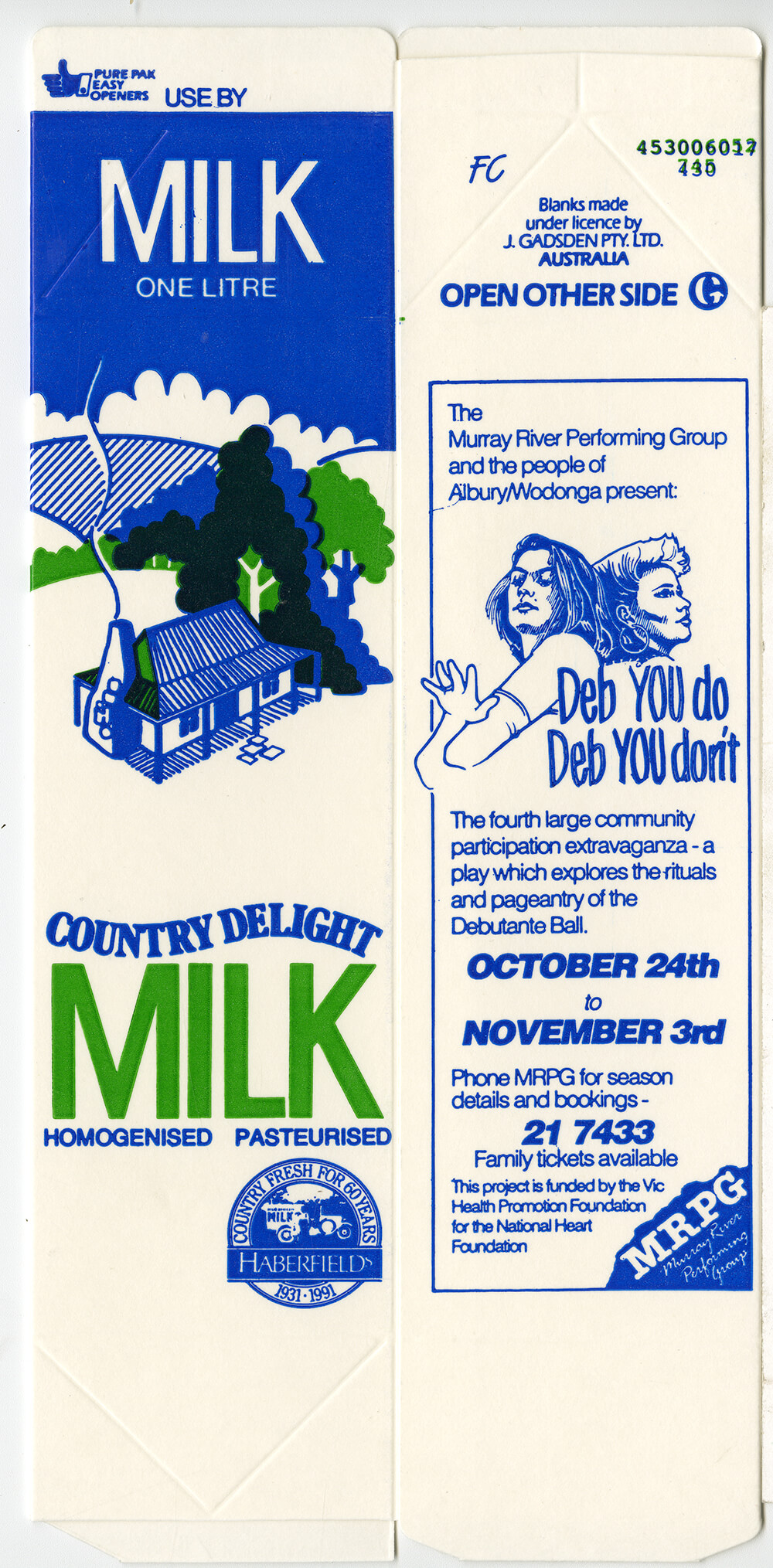 A flattened Country Delight milk carton advertising the MRPG performance of 'Deb you do, Deb you don't'. ARM 16.500.17