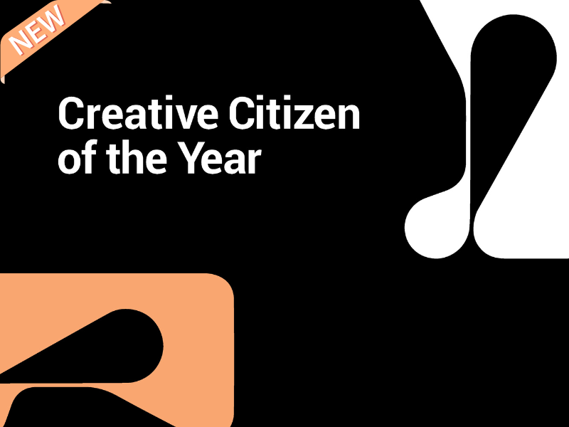 Creative Citizen of the Year white and orange logo on black background