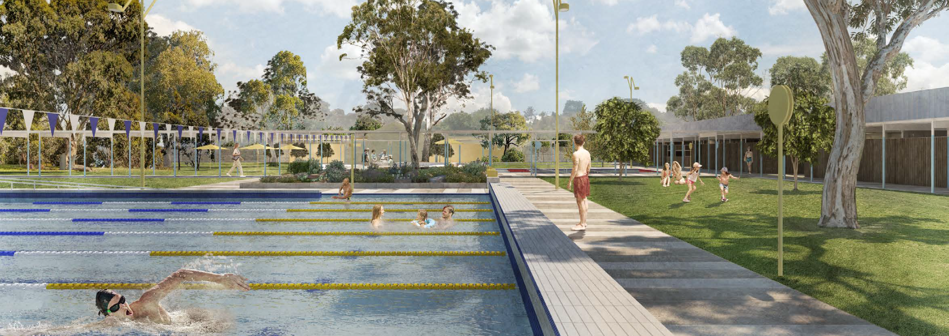 Rendered concept design of the Lavington Swim Centre with people in it