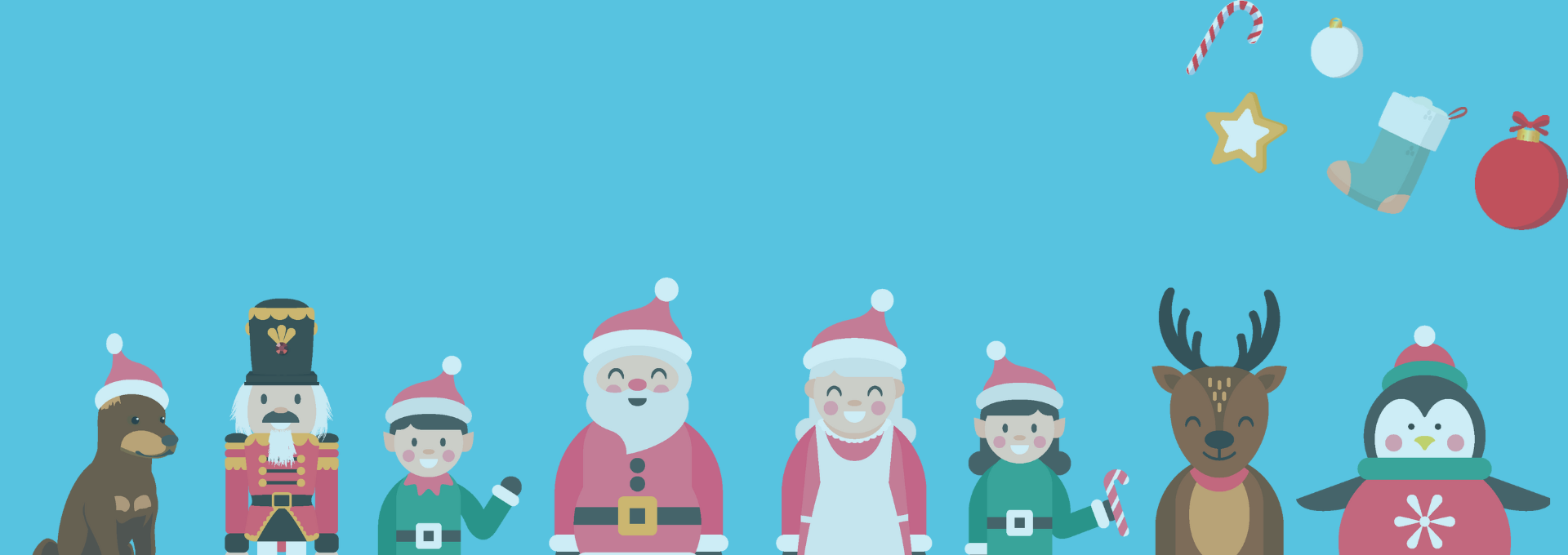 Illustrated Christmas characters on a blue background