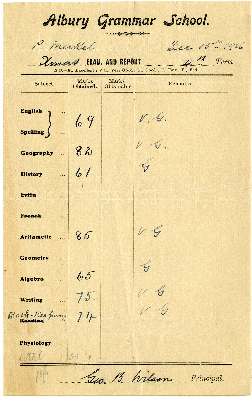 Albury Grammar School exam and report slip for Phyllis Merkel, 1926. ARM 11.877.